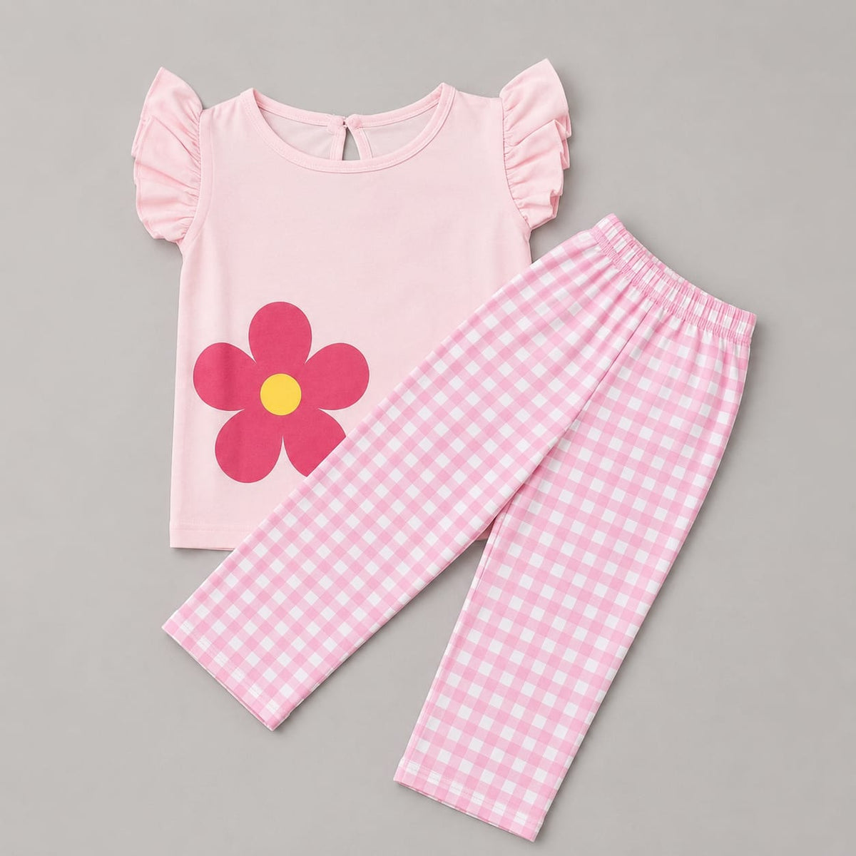 Pink Daisy Gingham Flutter Sleeve Palazzo Set