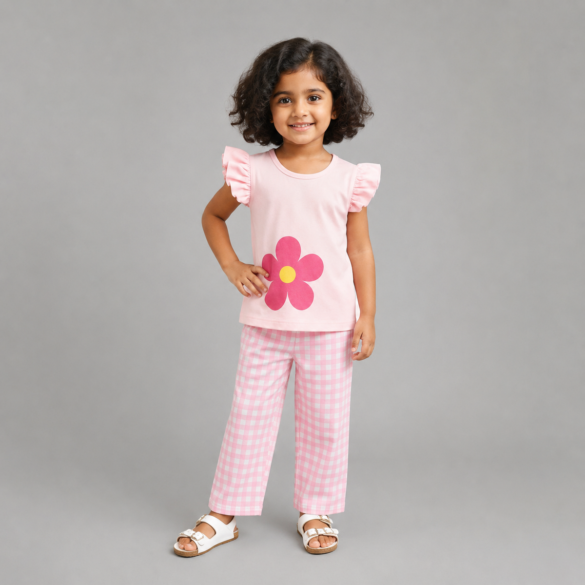 Pink Daisy Gingham Flutter Sleeve Palazzo Set