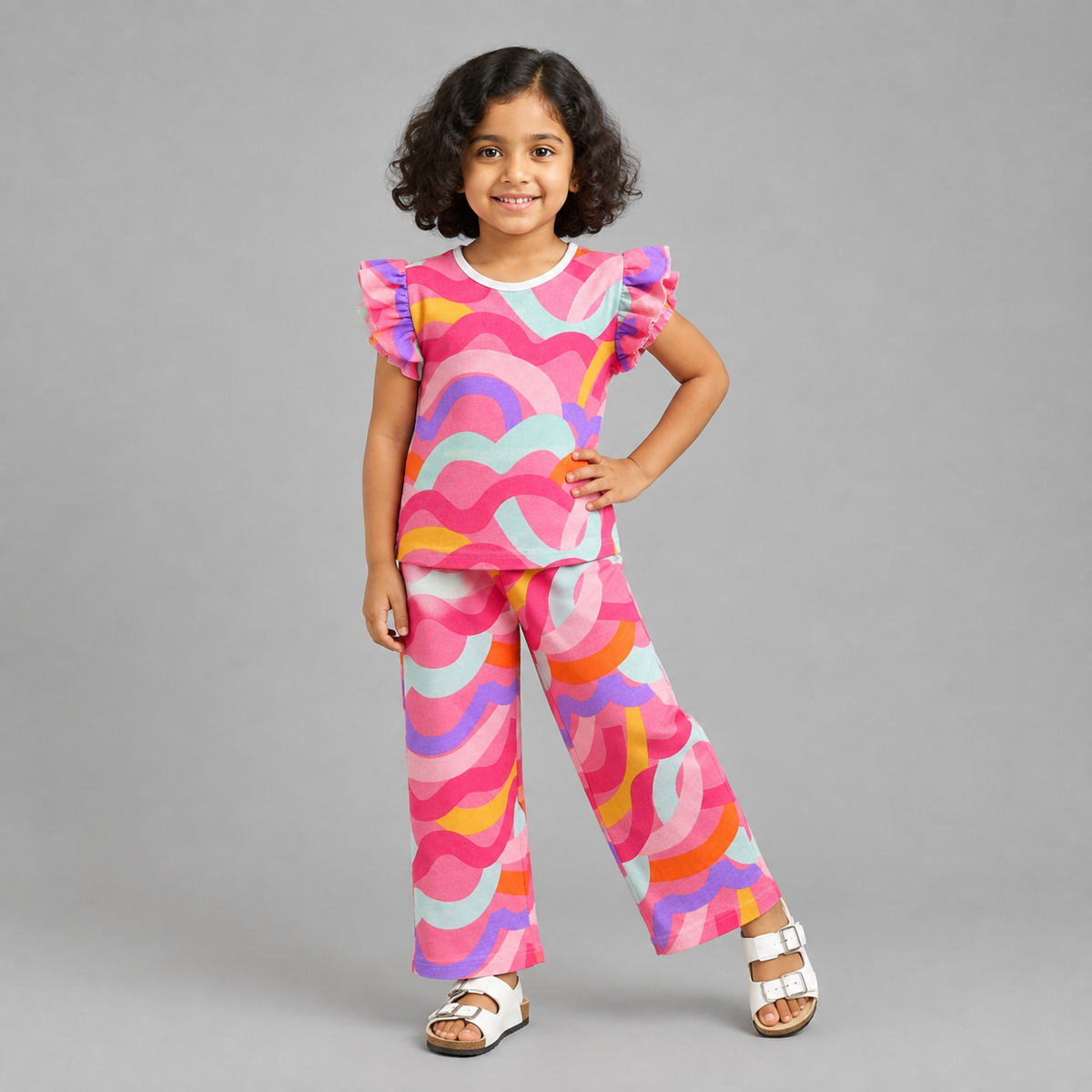 Rainbow Wave Girls' Flutter Sleeve Palazzo Set